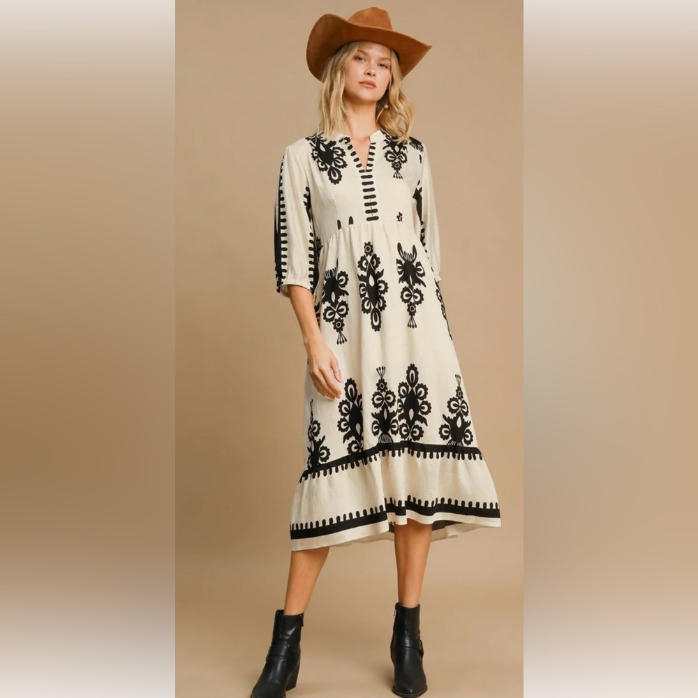 Umgee Printed Notched Midi Dress